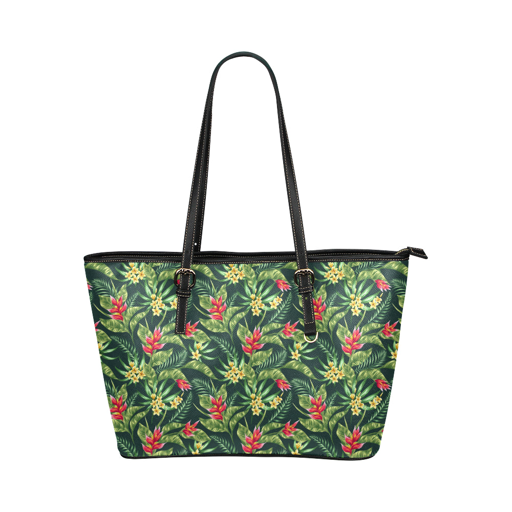 Tropical Folower Red Heliconia Print Leather Tote Bag