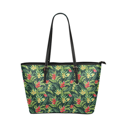 Tropical Folower Red Heliconia Print Leather Tote Bag