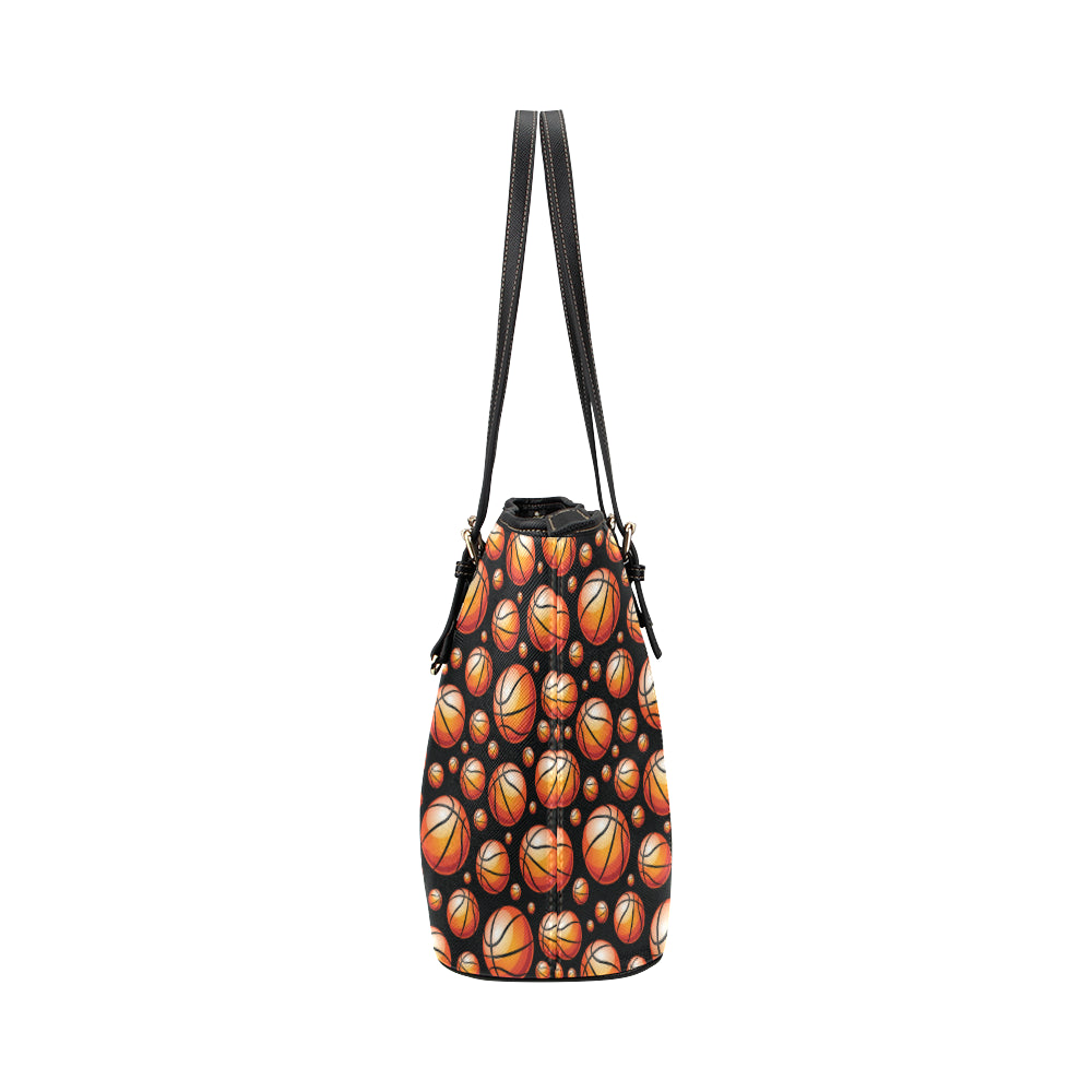 Basketball Black Background Pattern Leather Tote Bag