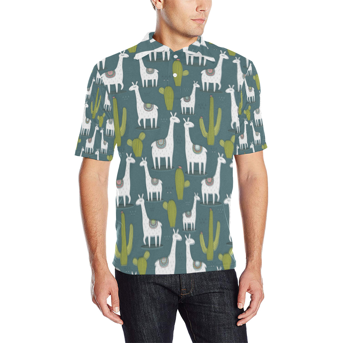 Llama Cactus Pattern Print Design 03 Men Polo Shirt