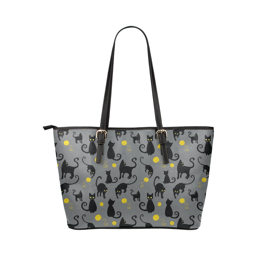 Black Cat Yellow Yarn Print Pattern Leather Tote Bag