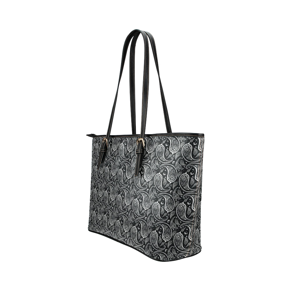 Paisley Black Design Print Leather Tote Bag