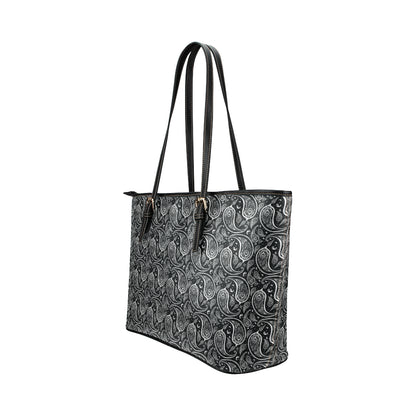 Paisley Black Design Print Leather Tote Bag