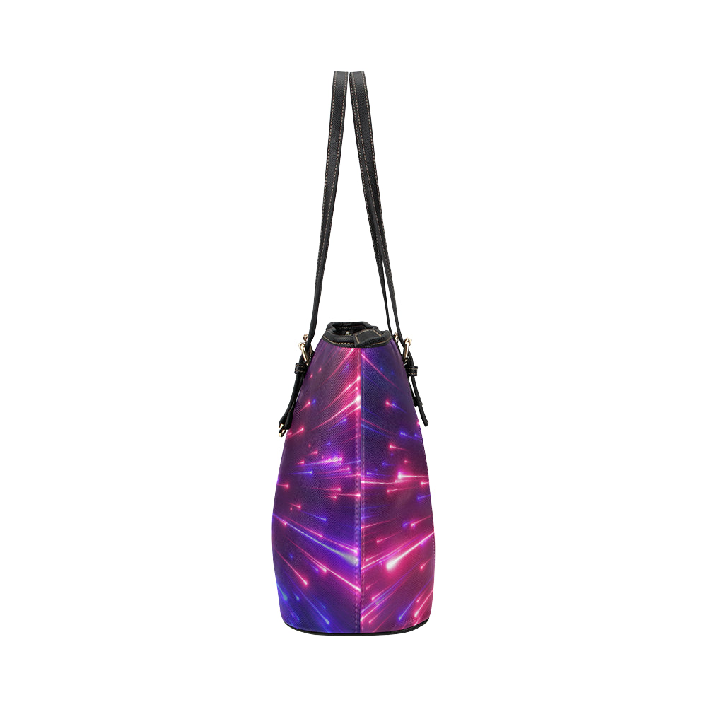 Celestial Purple Blue Neon Speed Light Leather Tote Bag