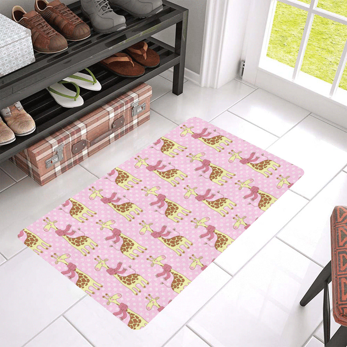 Giraffe Cute Pink Polka Dot Print Rubber Doormat