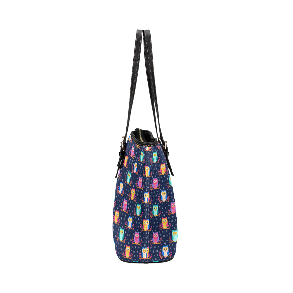 Owl Cute Themed Design Print Leather Tote Bag