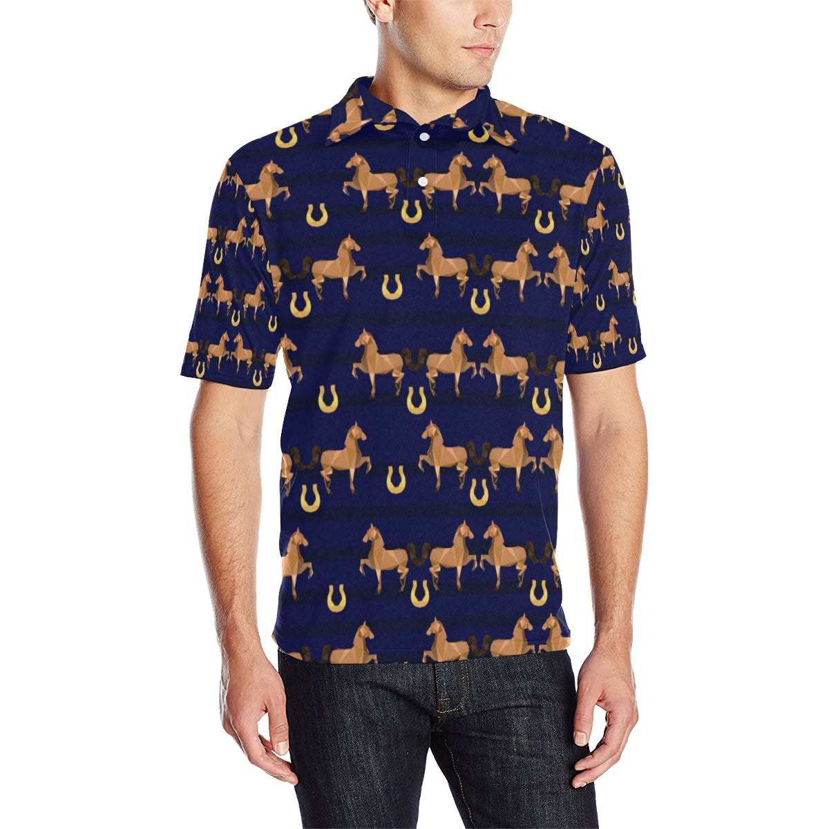 Horse Luxury Themed Pattern Print Men Polo Shirt