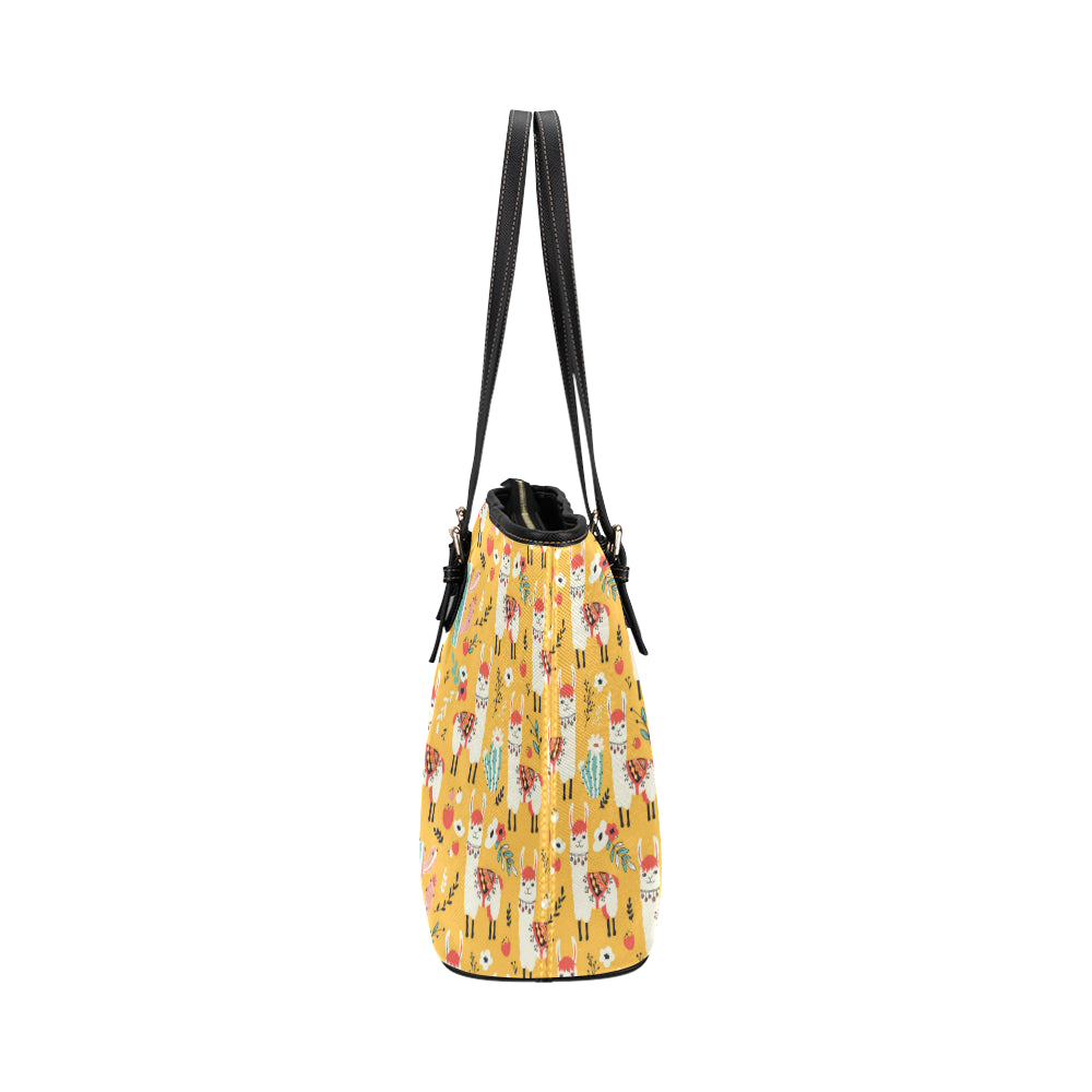 Llama Cute Themed Print Leather Tote Bag