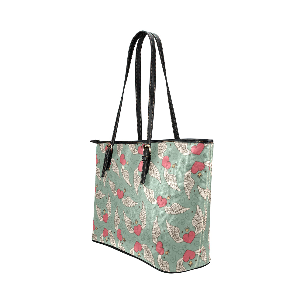 Angel Wings Heart Design Themed Print Leather Tote Bag