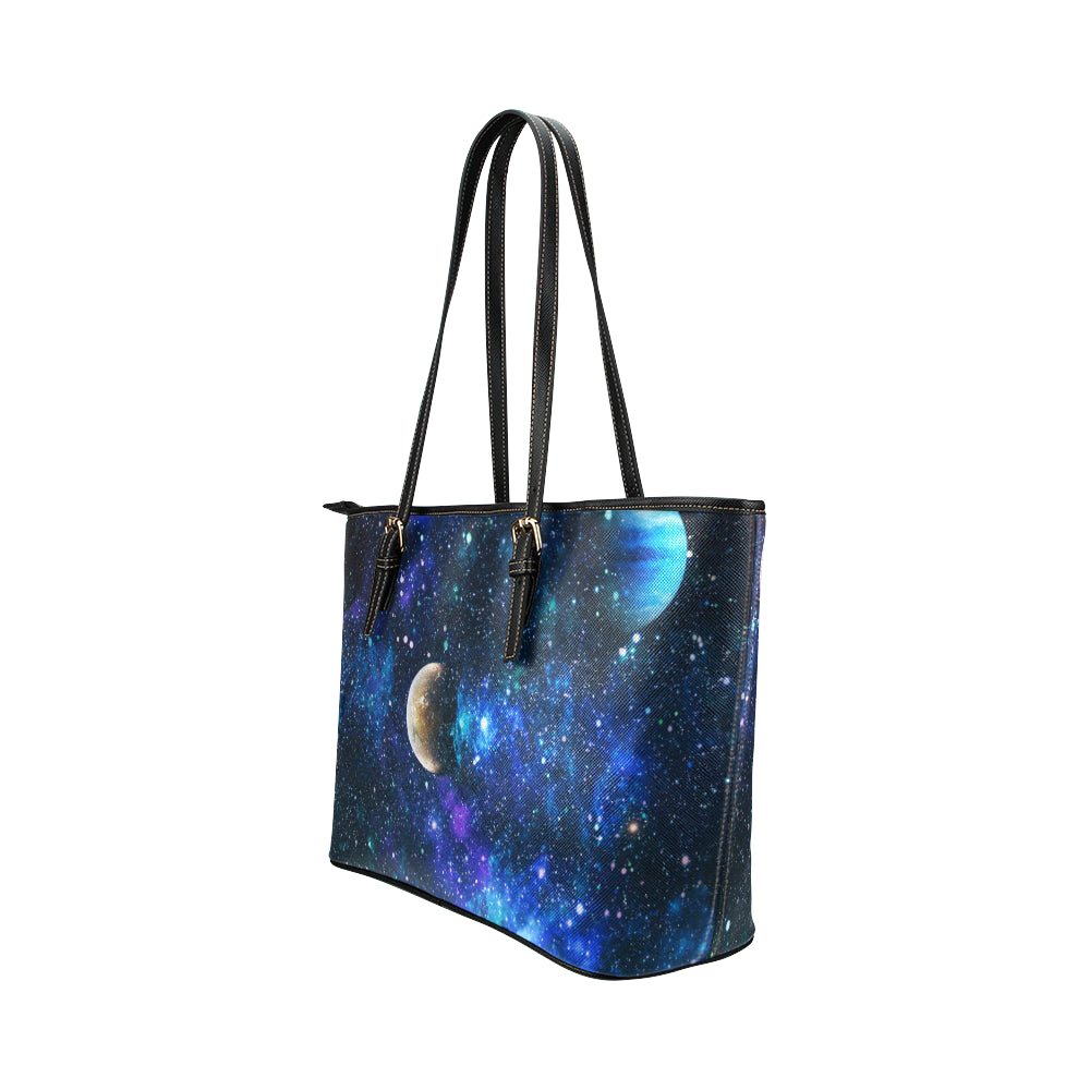 Galaxy Stardust Planet Space Print Leather Tote Bag