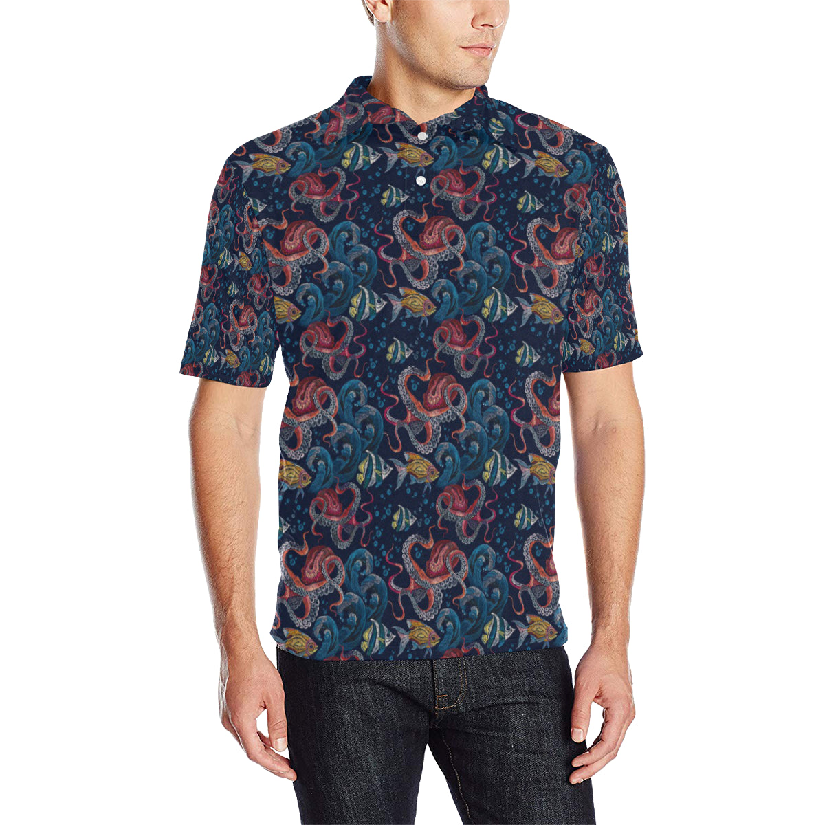 Octopus Deep Sea Print Themed Men Polo Shirt