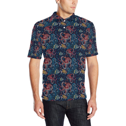 Octopus Deep Sea Print Themed Men Polo Shirt