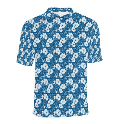 Hibiscus Blue Flower Hawaiian Print Men Polo Shirt
