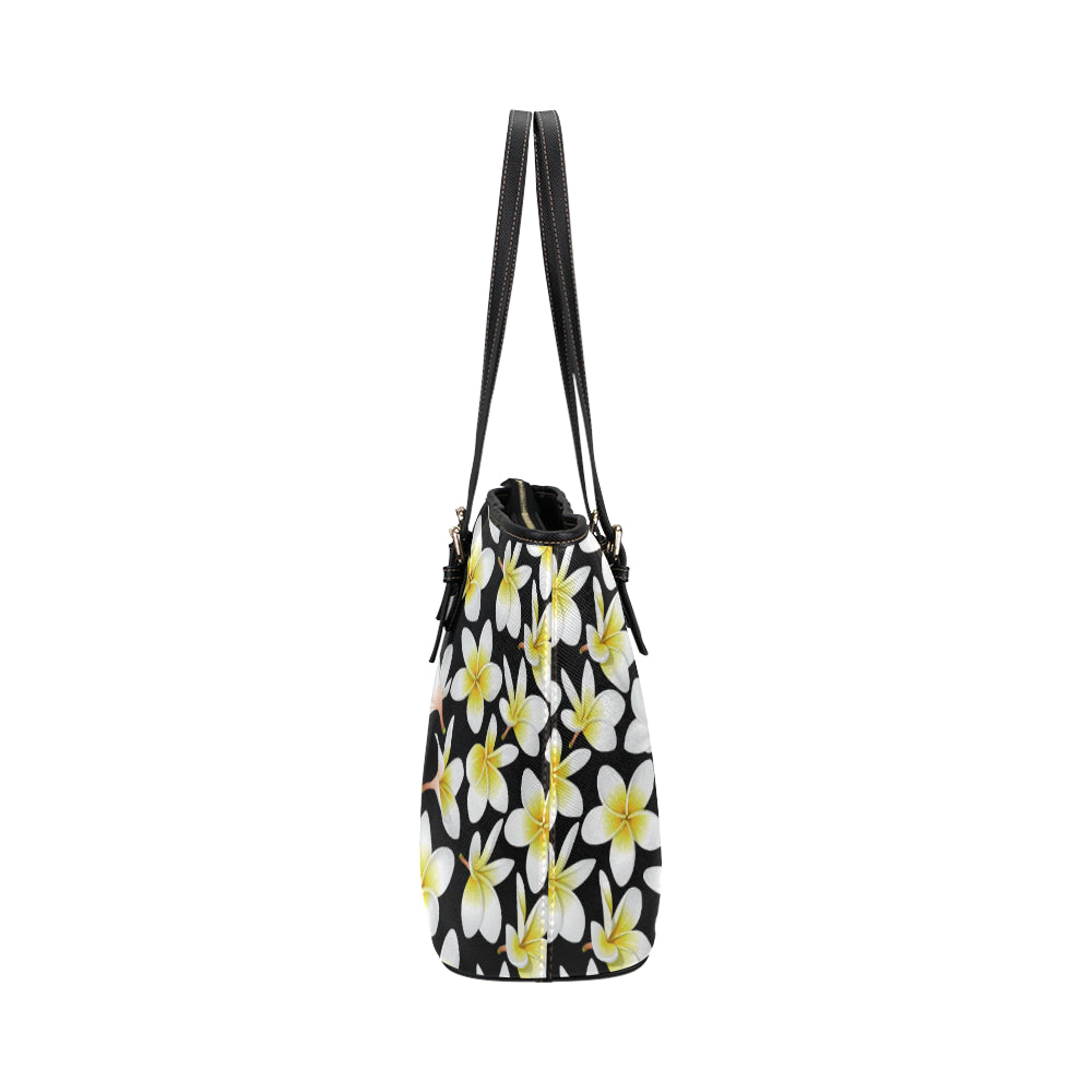 Yellow Plumeria Hawaiian Flowers Leather Tote Bag