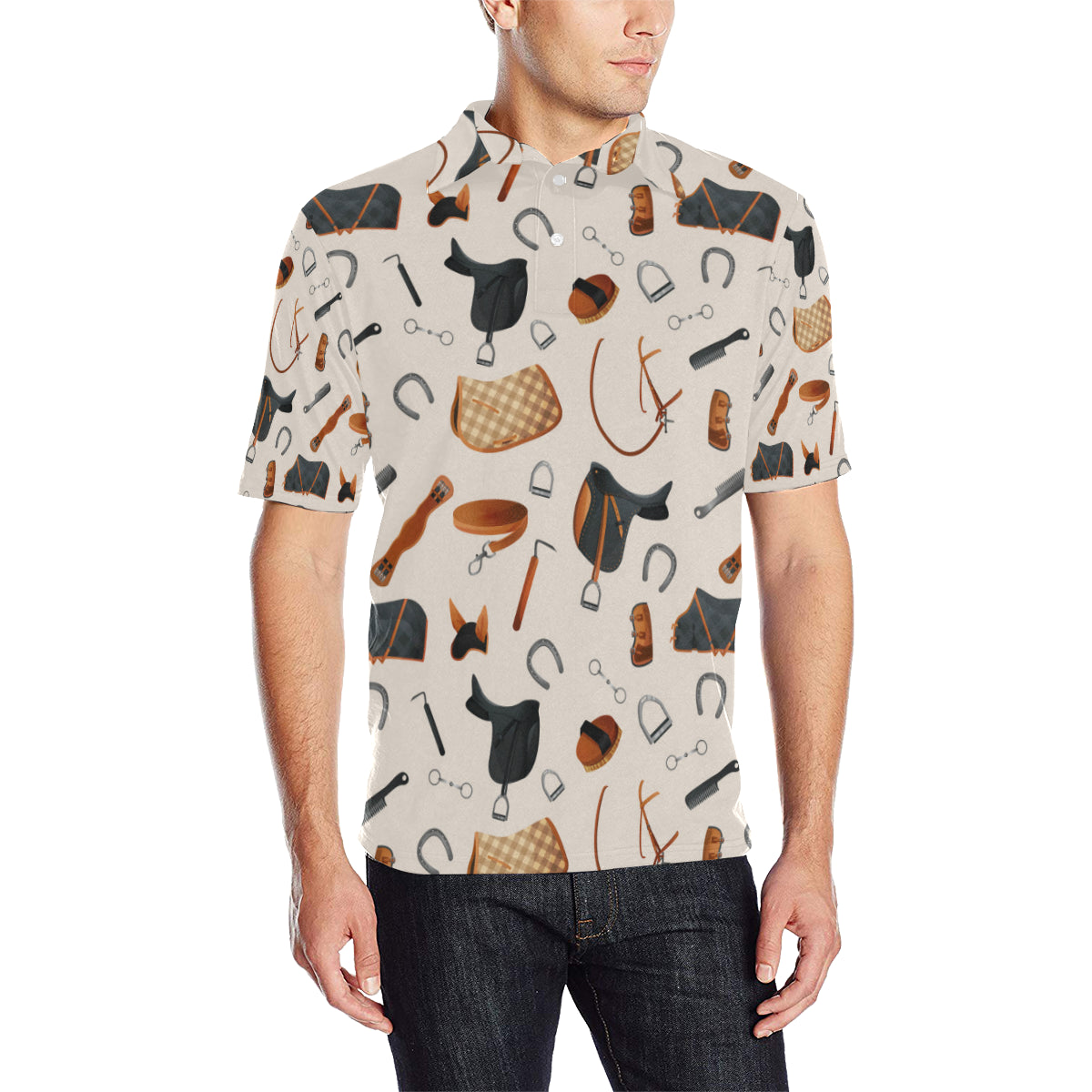 Equestrian Equipment Print Pattern Men Polo Shirt