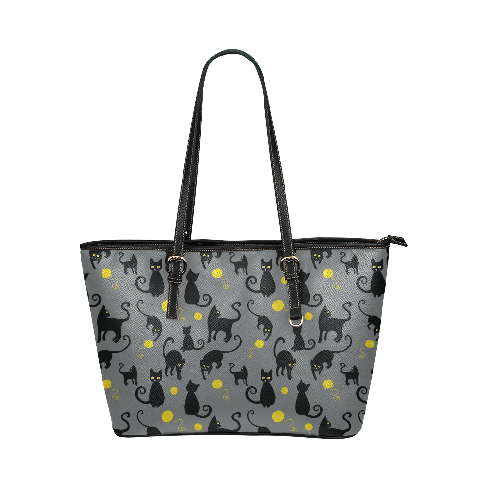 Black Cat Yellow Yarn Print Pattern Leather Tote Bag