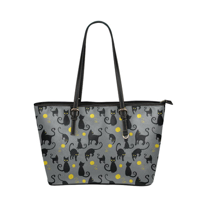 Black Cat Yellow Yarn Print Pattern Leather Tote Bag