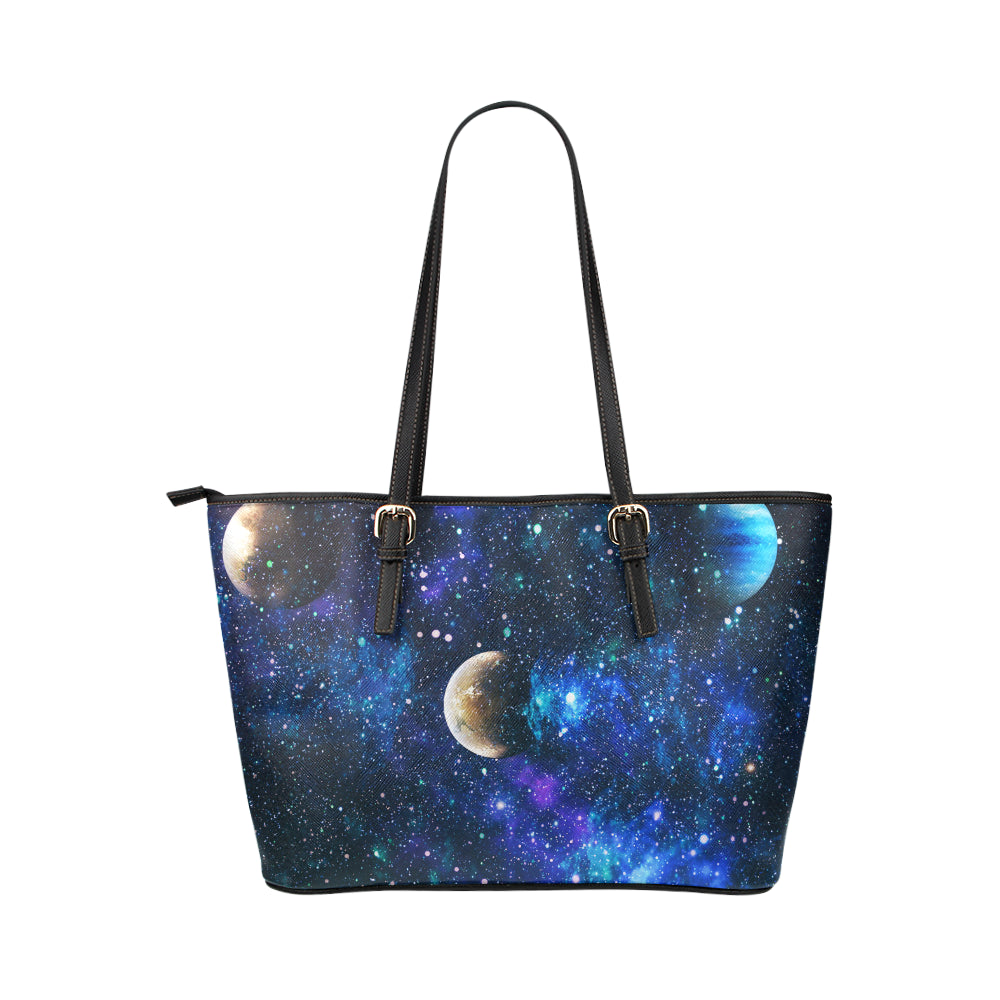 Galaxy Stardust Planet Space Print Leather Tote Bag