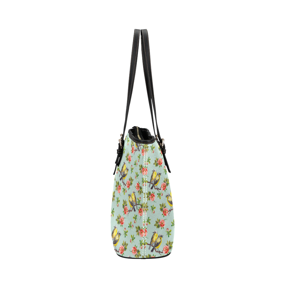 Bird with Red Flower Print Pattern Leather Tote Bag