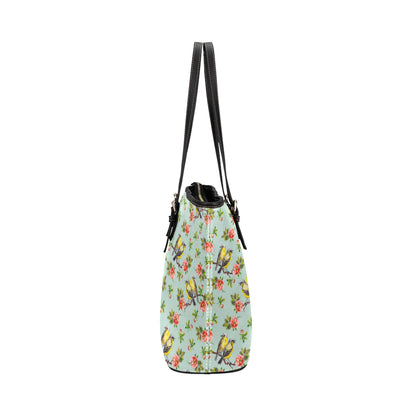 Bird with Red Flower Print Pattern Leather Tote Bag