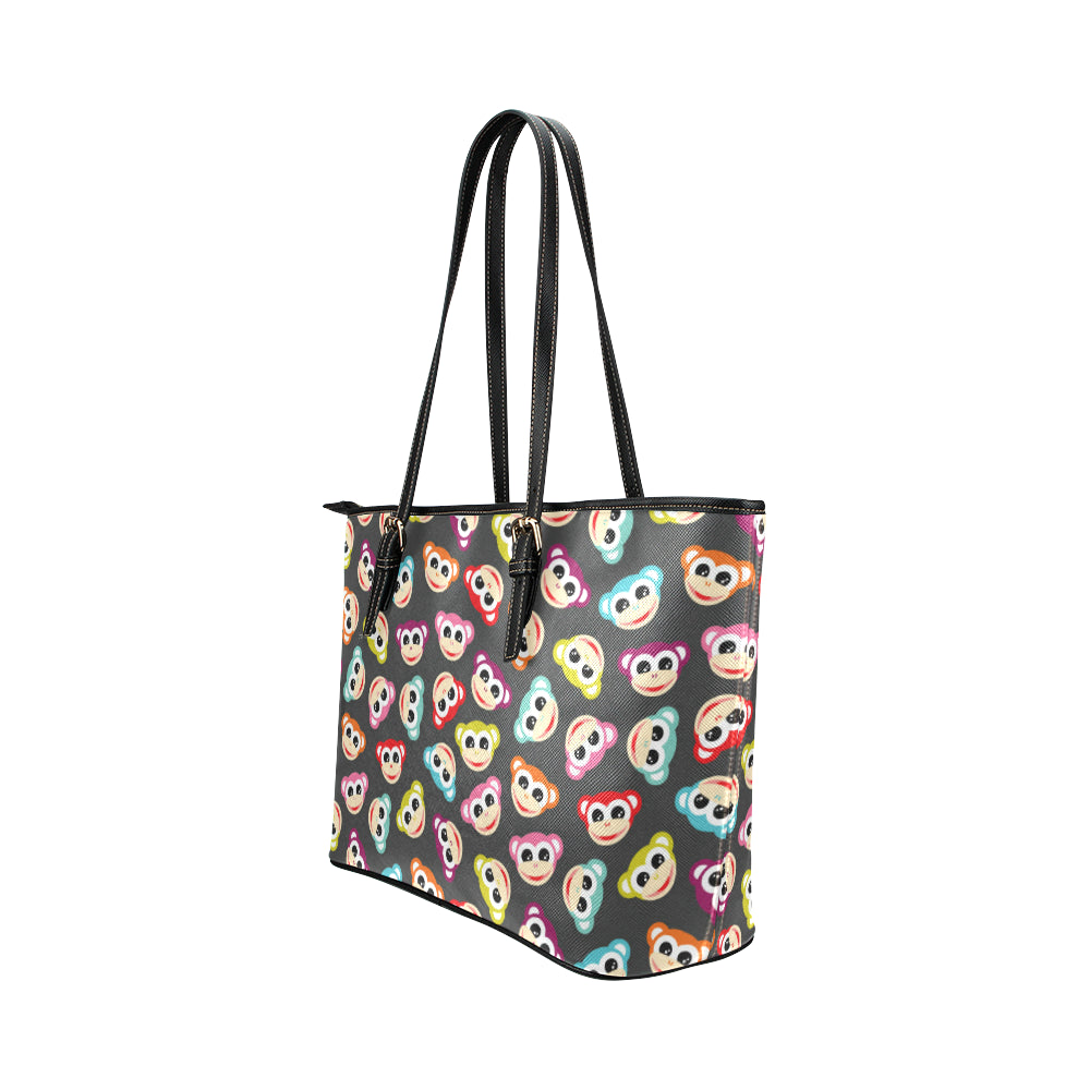 Monkey Head Design Themed Print Leather Tote Bag