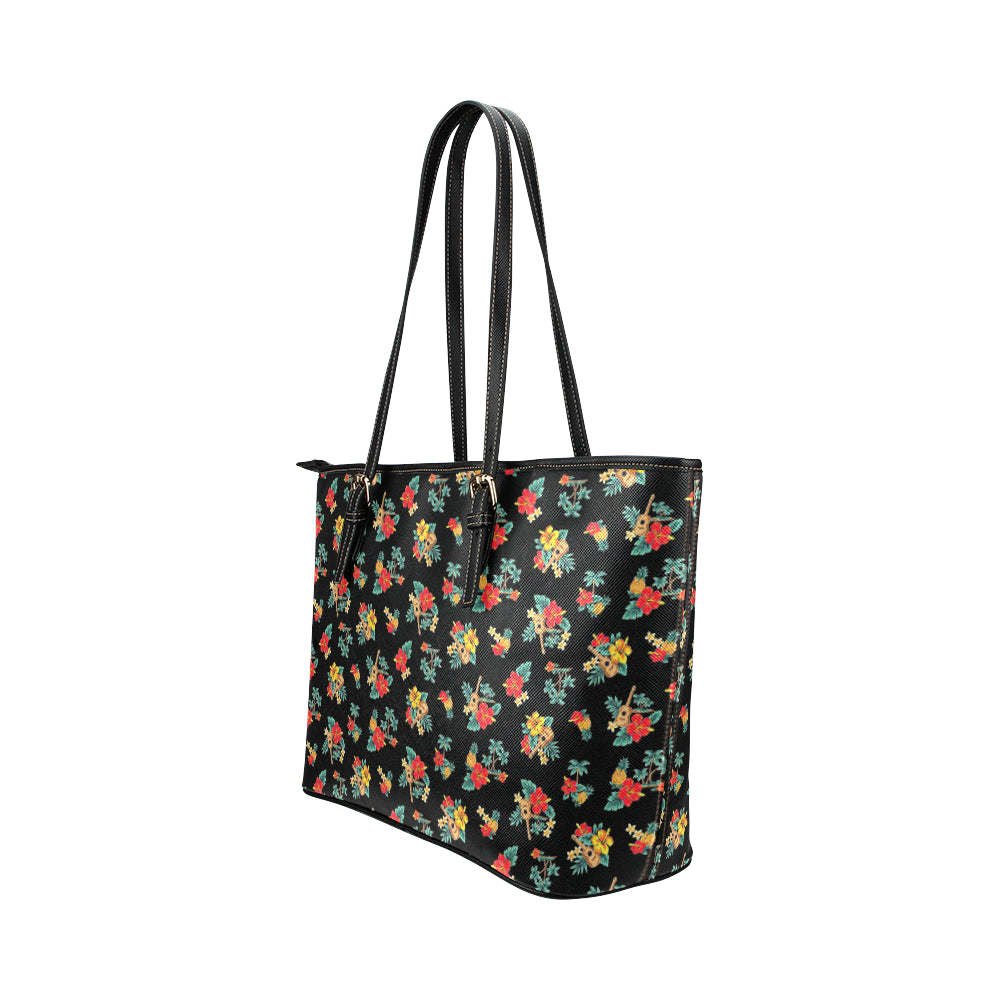 Hawaiian Flower Themed Print Leather Tote Bag