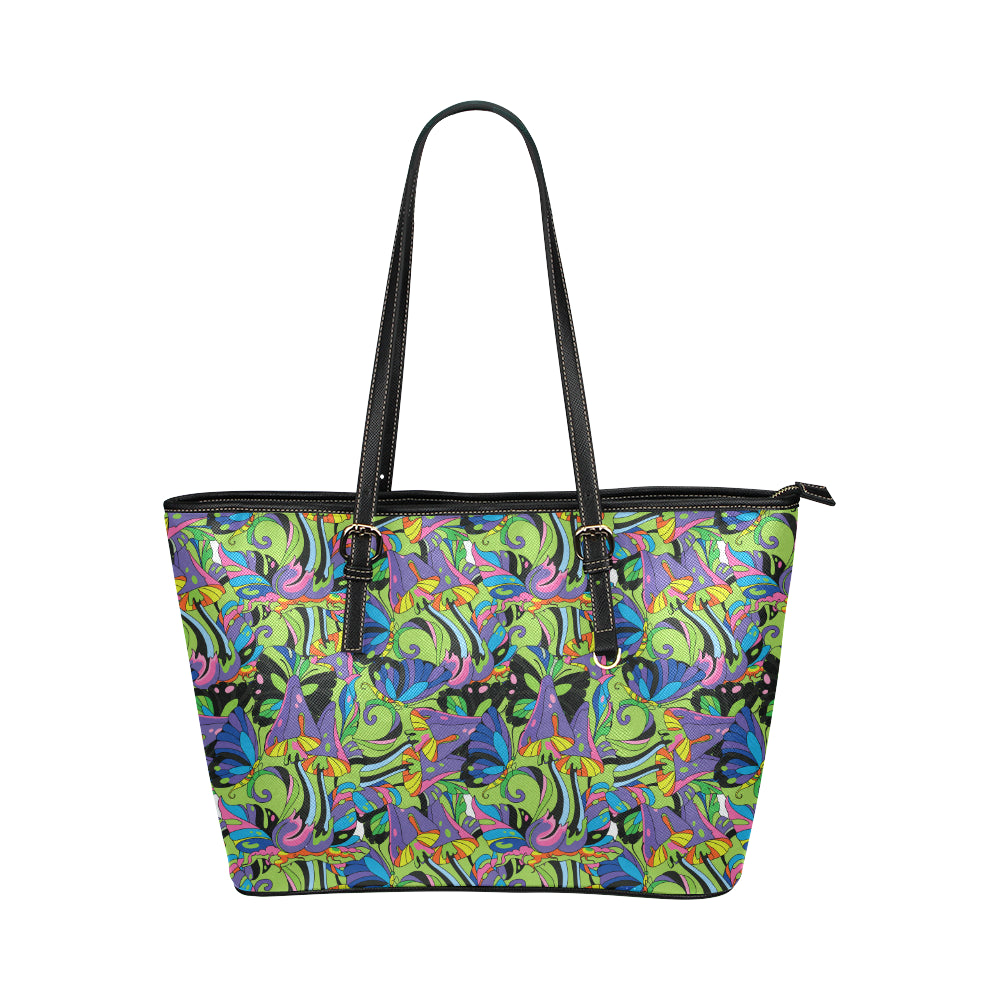 Psychedelic Trippy Mushroom Themed Leather Tote Bag