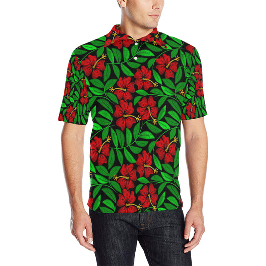 Red Hibiscus Embroidered Pattern Print Design HB03 Men Polo Shirt