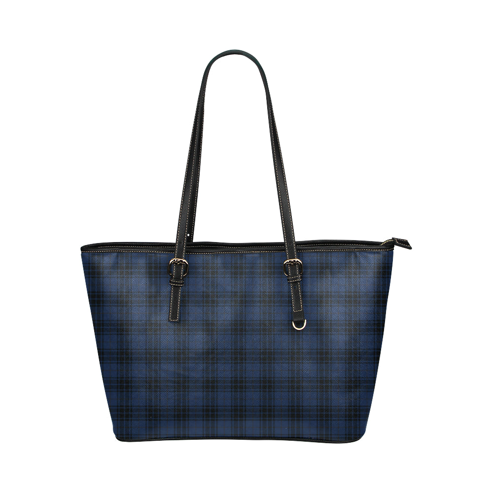 Navy Blue Tartan Plaid Pattern Leather Tote Bag