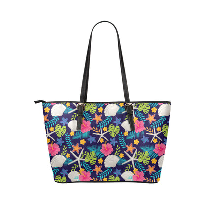 Beach Seashell Floral Theme Leather Tote Bag