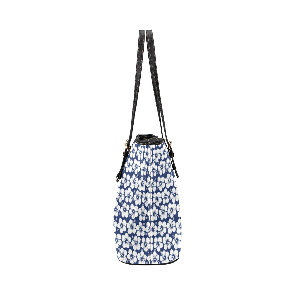 Hibiscus Blue Hawaiian Flower Pattern Leather Tote Bag
