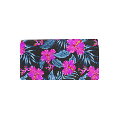 Neon Pink Hibiscus Pattern Print Design HB015 Women's Trifold Wallet