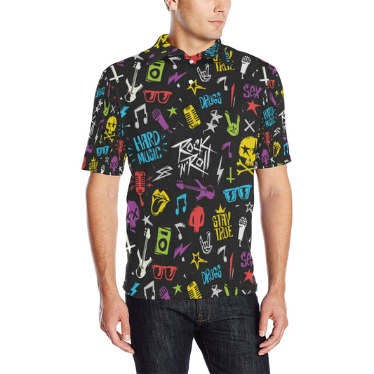Rock and Roll Pattern Print Design A02 Men Polo Shirt