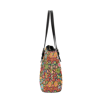Flower Power Peace Paisley Themed Print Leather Tote Bag