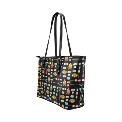 Camping Campfire Marshmallows Leather Tote Bag