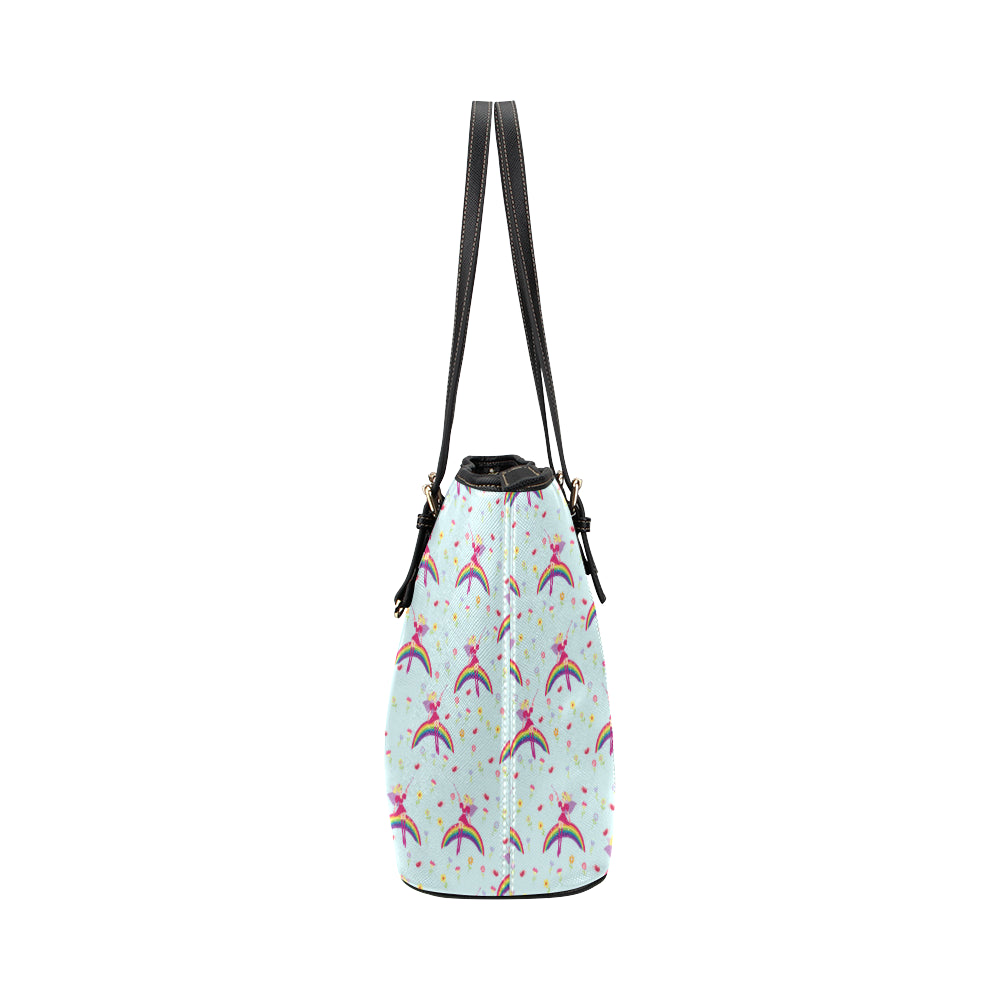 Fairy with Rainbow Print Pattern Leather Tote Bag
