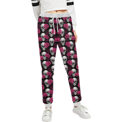 Pink Rose Skull Themed Print Unisex Sweatpants