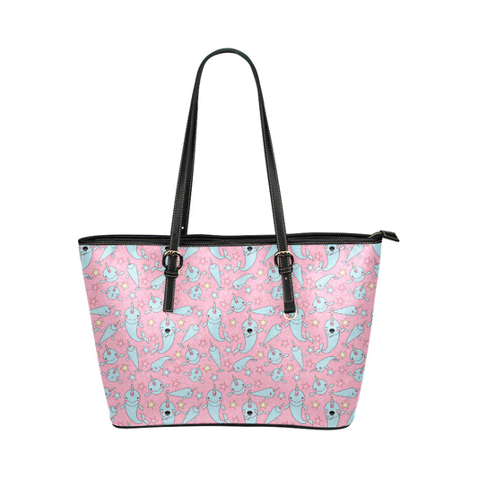 Narwhal Cartoon Cute Print Leather Tote Bag