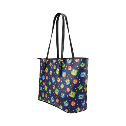 Owl with Star Themed Design Print Leather Tote Bag