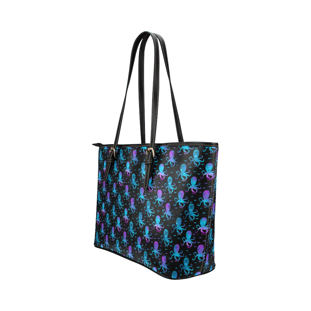Octopus Blue Design Print Themed Leather Tote Bag