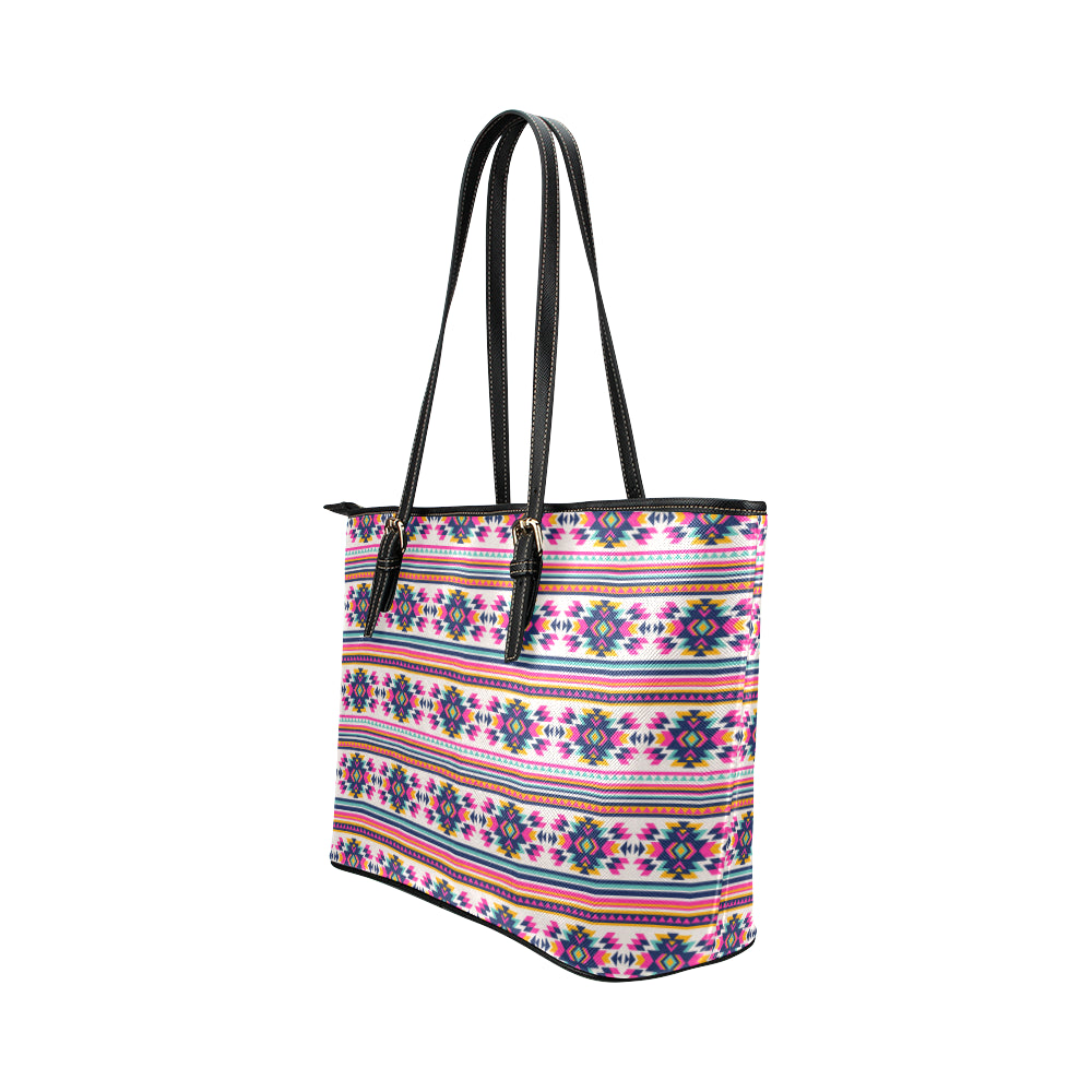 Indian Navajo Neon Themed Design Print Leather Tote Bag