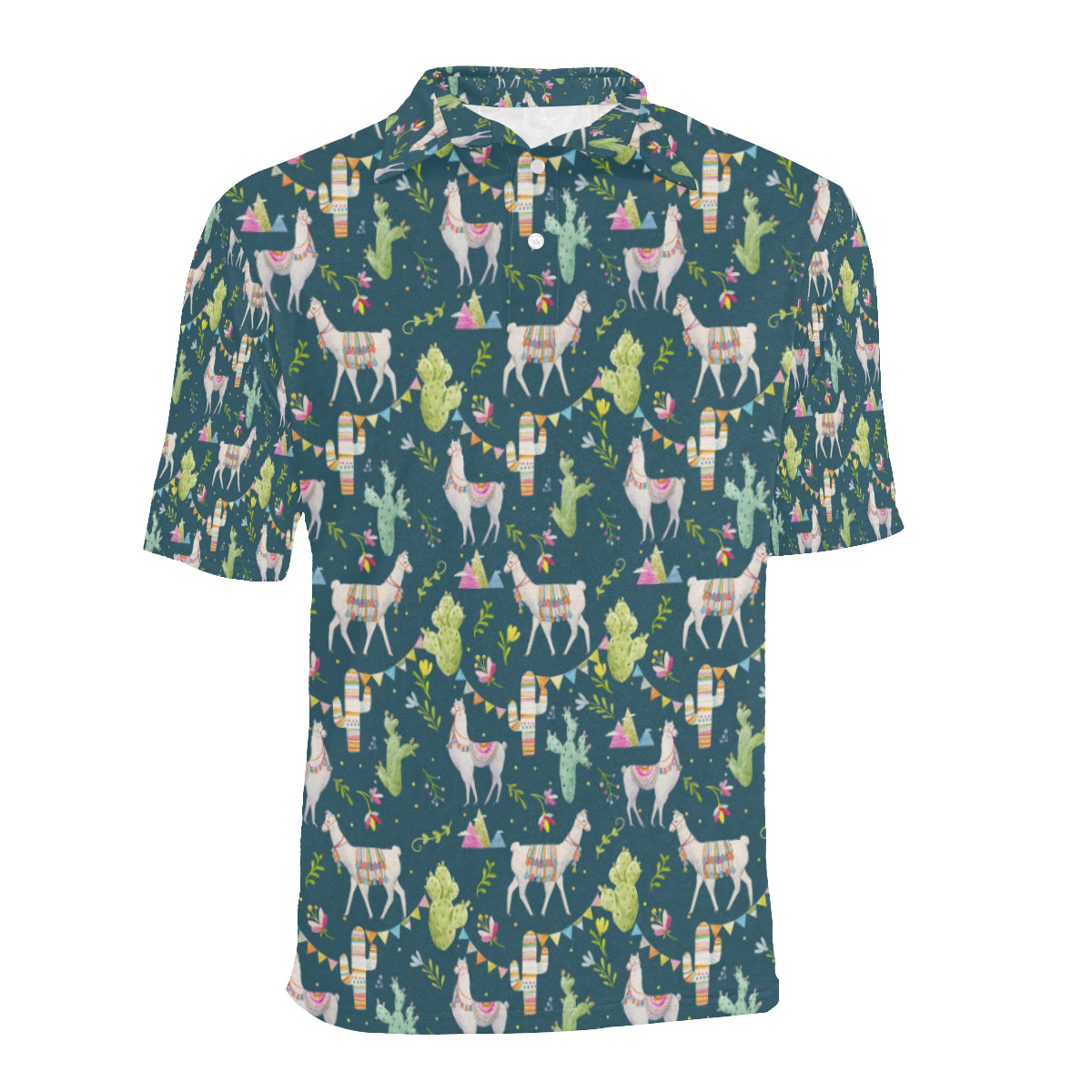 Llama with Cactus Design Print Men Polo Shirt