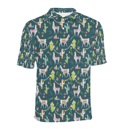 Llama with Cactus Design Print Men Polo Shirt