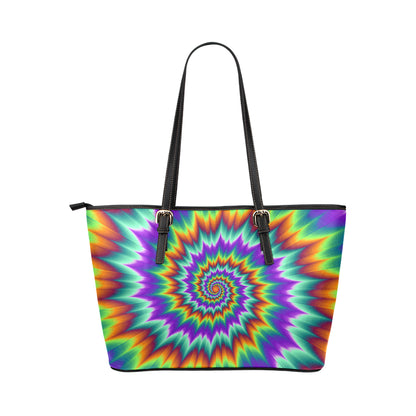 Optical illusion Pulsing fiery spirals Leather Tote Bag