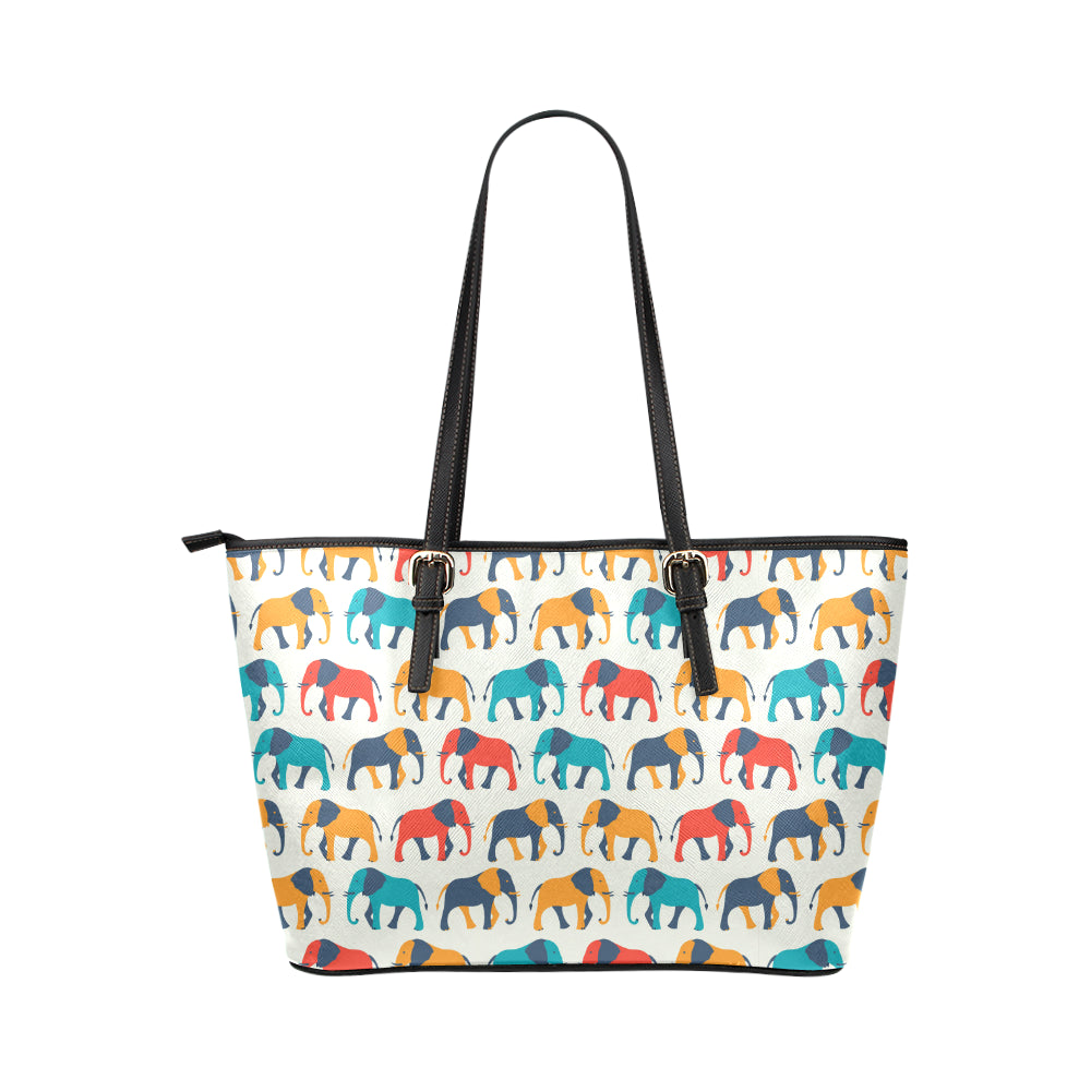 Elephant Colorful Print Pattern Leather Tote Bag