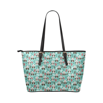 Panda Bear Cute Themed Print Leather Tote Bag