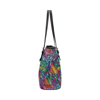 Feather Multicolor Design Print Leather Tote Bag