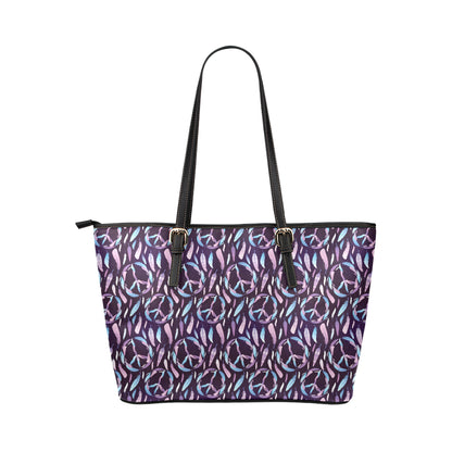 Peace Sign Feather Design Print Leather Tote Bag