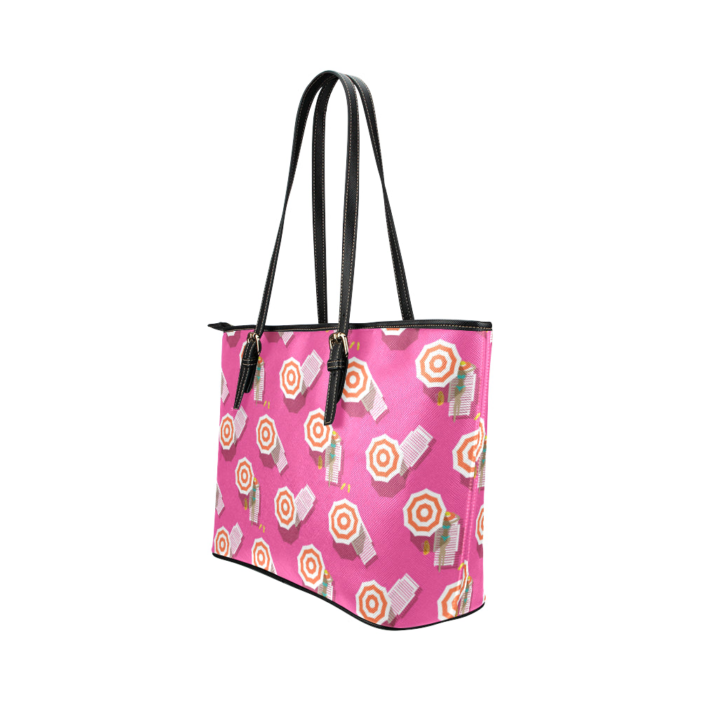 Beach Top View Umbrella Theme Leather Tote Bag