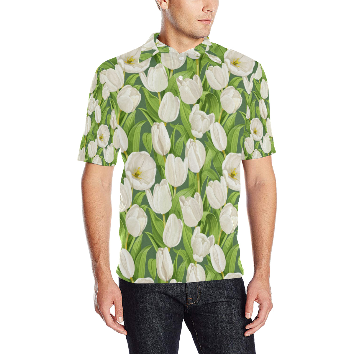 Tulip White Pattern Print Design TP05 Men Polo Shirt